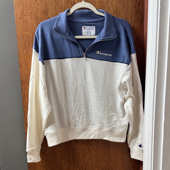 Champion Tops - Champion Women's Half-Zip Sweatshirt in Blue and Cream